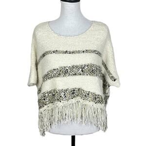 Moth | Anthropologie NWT White Soft Chunky Knit Metallic Stripe Fringe Sweater
